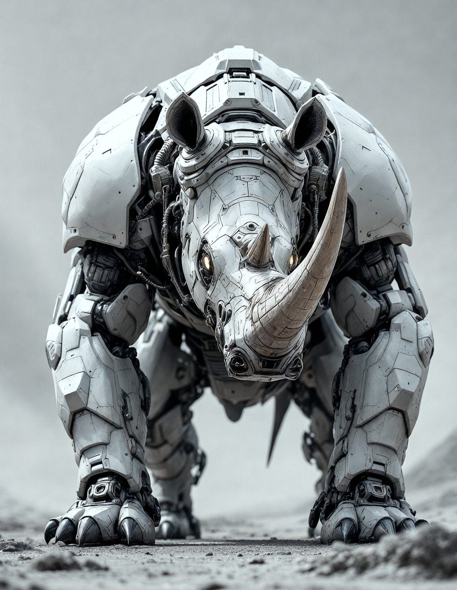 The primary subject of the image is a white robotic rhinoceros, which is the main object, scene, or focus of the image. The robotic rhinoceros is standing on a gray surface, which serves as the setting or background. The visual style of the image is digital art, as it is a computer-generated or digitally created image. The dominant colors in the image are white and gray, giving it a futuristic and technological appearance.